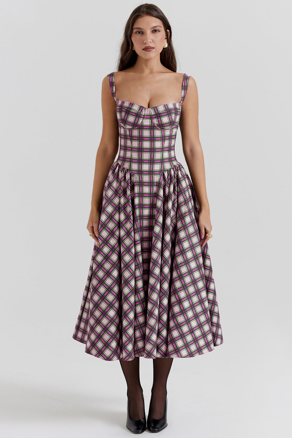 DIZA - Elegant Plaid Midi Dress