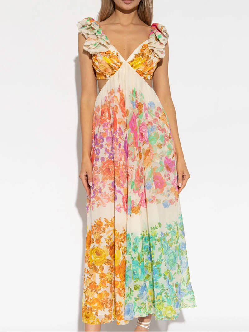 Graciela™ - Hollow Out Floral Print Maxi Dress