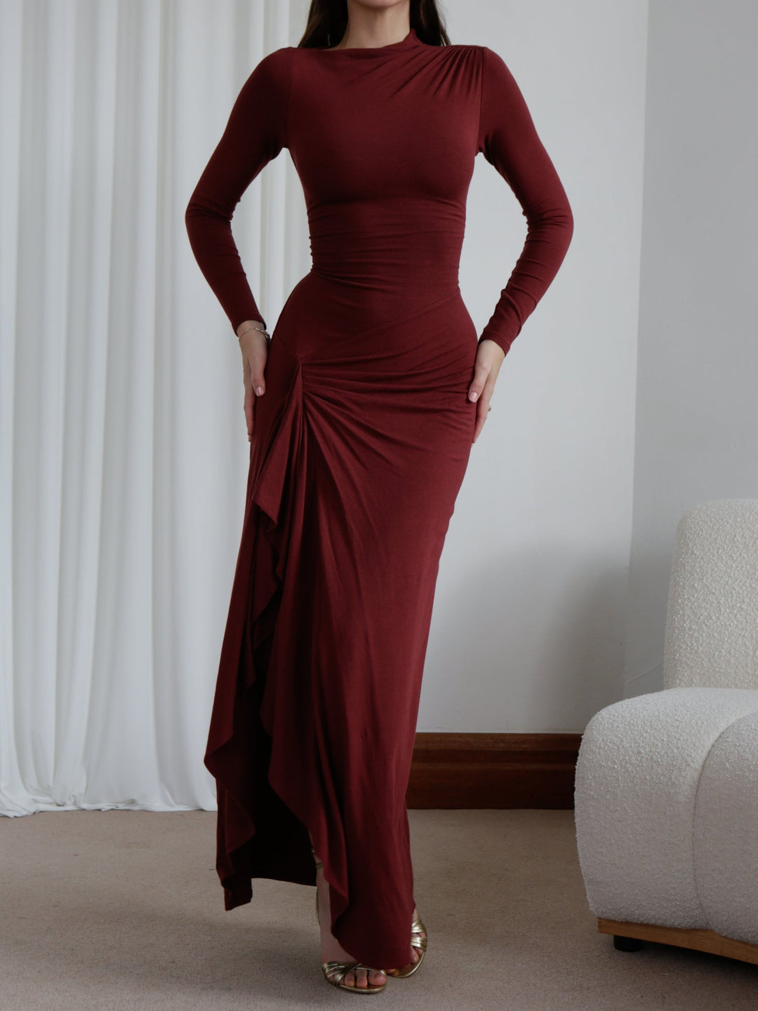 VEEN - Ruched Long Sleeve Evening Gown