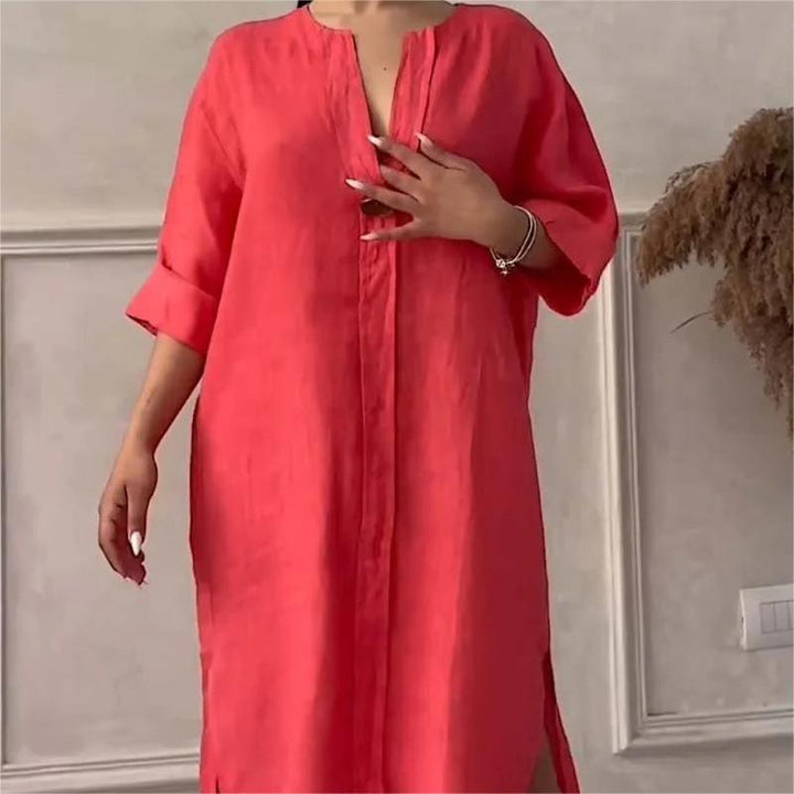 Ruby™ | Casual, Breathable Solid Colour Dress with 3/4 Sleeves and V-Neck